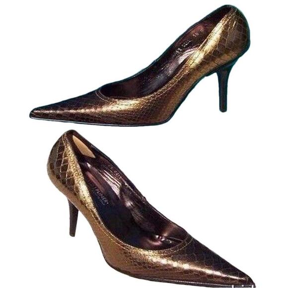 Donald Pliner Bronze Metallic Gator Leather Shoe New Pointy Toe Pump NWT $295 - Picture 2 of 3